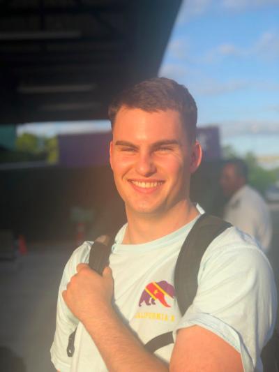 Jack Twiford wearing a backpack